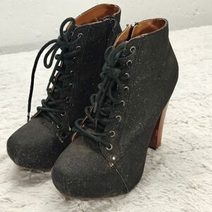 Qupid Puffin Black Glitter Lace Up‎ Platform Ankle Booties Whimsigoth Womens 6.5